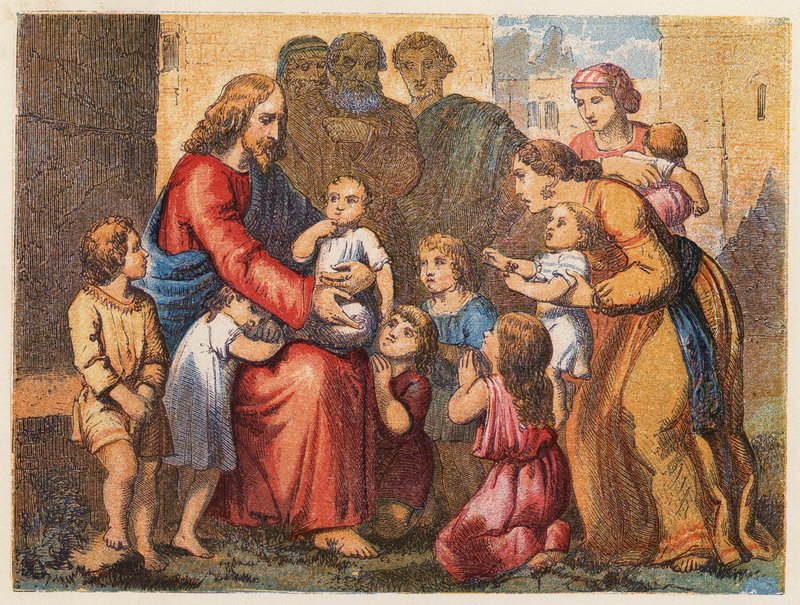 Criancinhas levadas a Jesus (litografia a cores) de English School