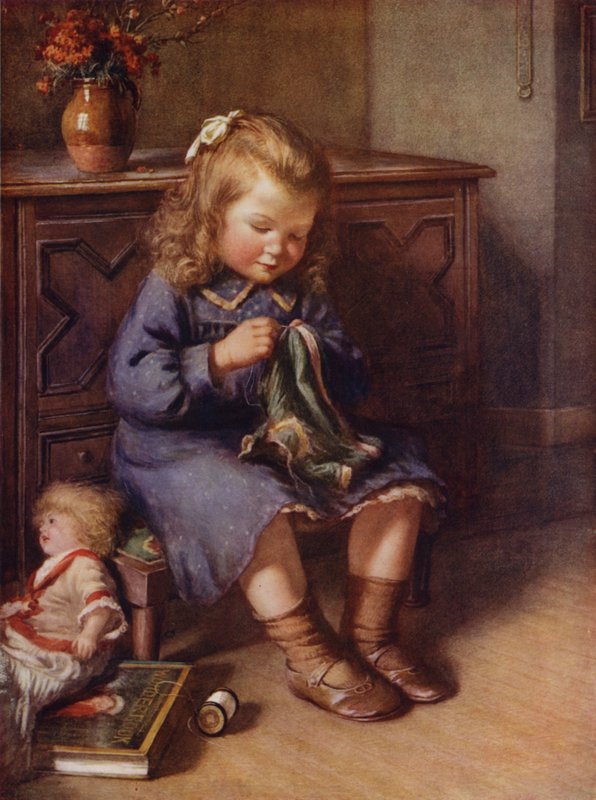 Pequena menina a coser roupa para a sua boneca (cor litho) de English School