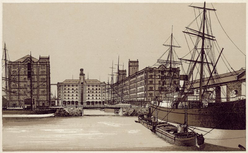 Liverpool: Doca de Waterloo e armazéns de cereais (litografia) de English School