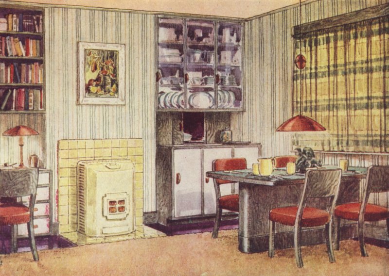 Sala de estar com zona de refeições e lareira a combustível sólido (lito a cores) de English School