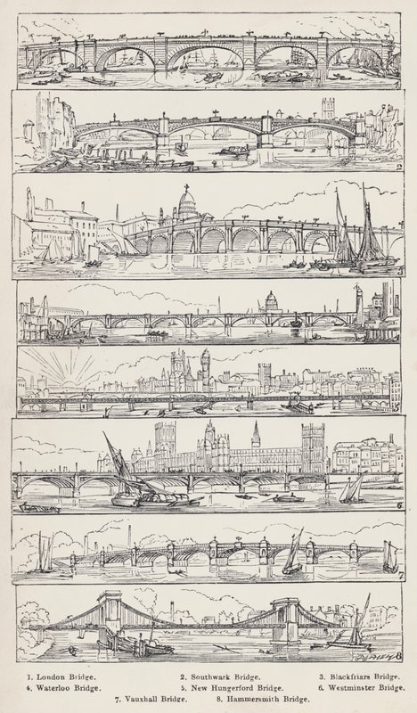 Ponte de Londres, Ponte Southwark, Ponte Blackfriars, Ponte Waterloo, Ponte New Hungerford, Ponte Westminster, Ponte Vauxhall, Ponte Hammersmith (gravura) de English School