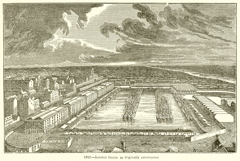 Docas de Londres como originalmente construídas de English School