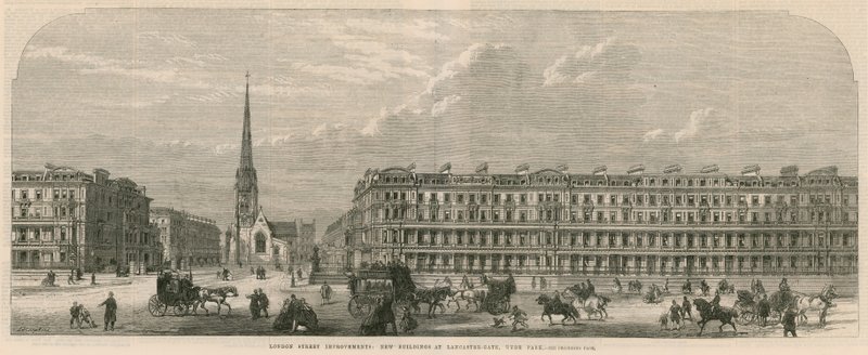 Melhoramentos na rua de Londres: novos edifícios em Lancaster Gate, Hyde Park de English School