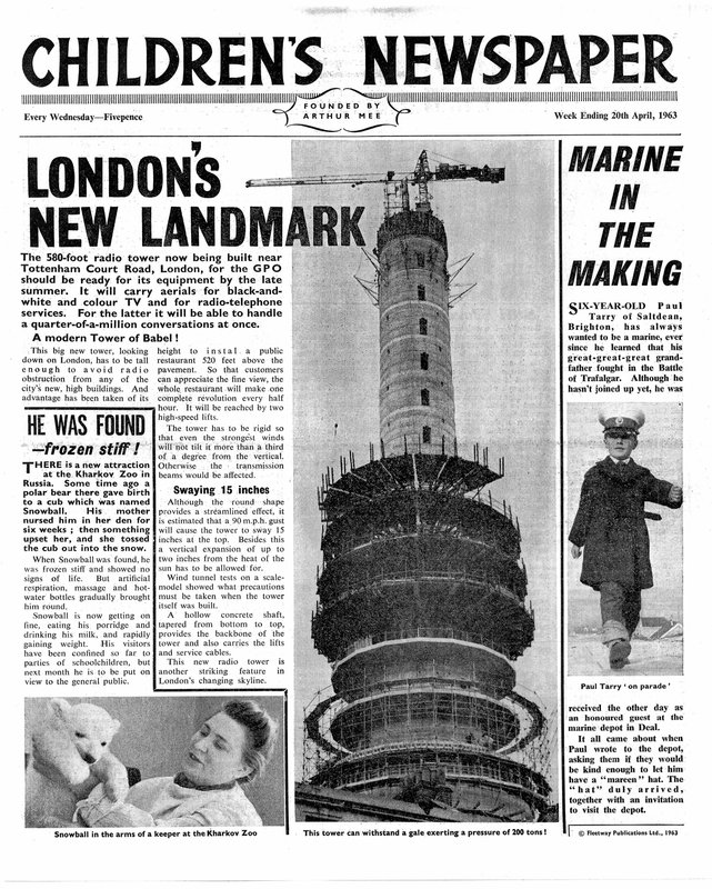 Novo marco de Londres: The Post Office Tower, primeira página do &39;The Children&39;s Newspaper&39;, abril de 1963 (papel de jornal) de English School