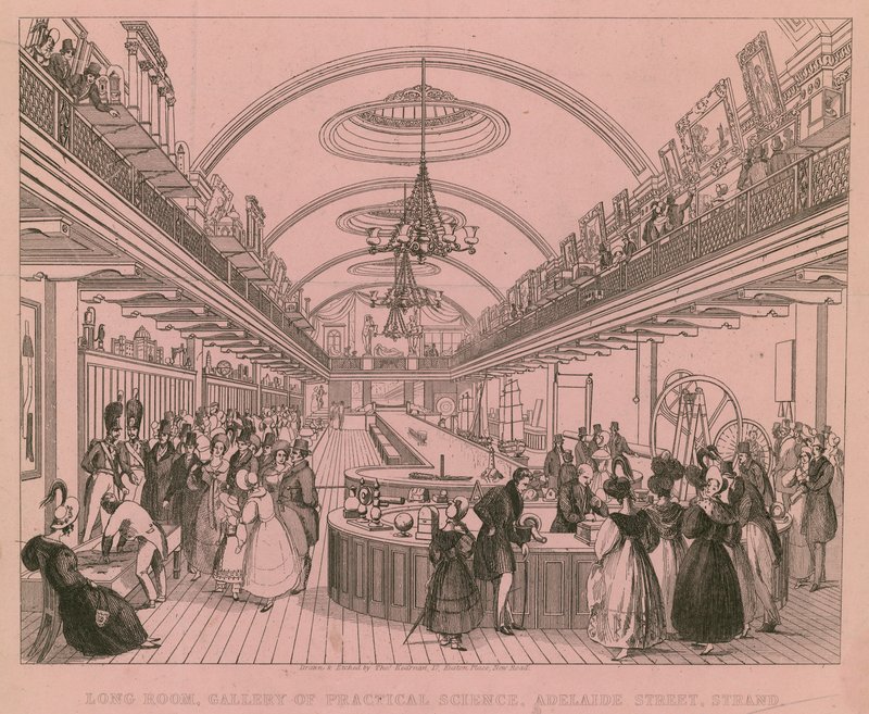 Longa sala, Galeria de ciências práticas, Adelaide Street, Strand, Londres de English School