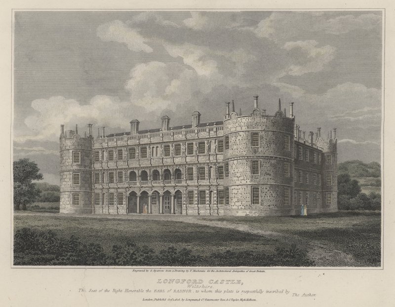 Longford Castle, Wiltshire, sede do Conde de Radnor (gravura colorida) de English School