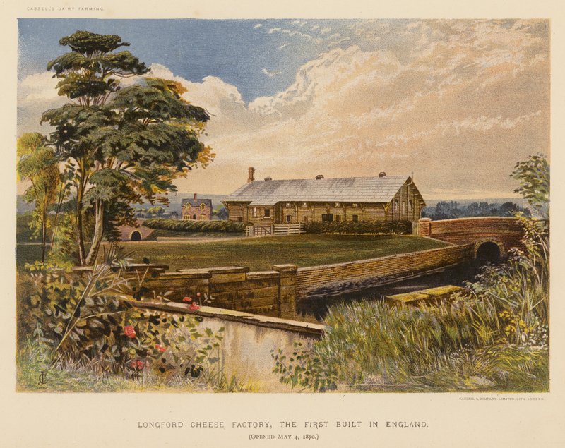 Fábrica de queijo de Longford, a primeira construída em Inglaterra, inaugurada em 4 de maio de 1870 (litografia a cores) de English School