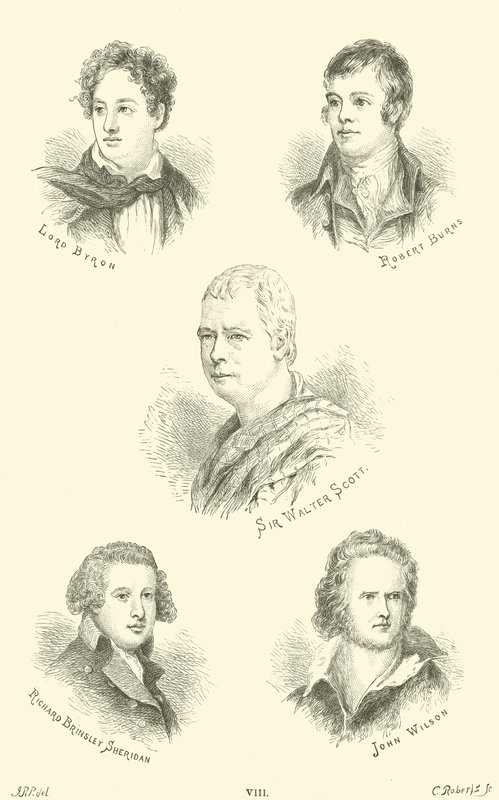 Lorde Byron, Robert Burns, Sir Walter Scott, Richard Brinsley, Sheridan, John Wilson de English School
