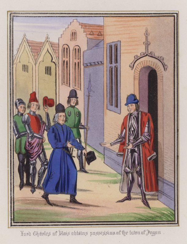 Lord Charles Of Blois obtém a posse da cidade de Jugon (gravura colorida) de English School