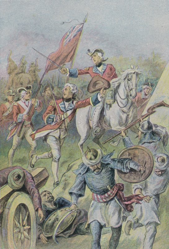 Lorde Clive comandando os britânicos na Batalha de Plassey, na Índia, em 1757 de English School