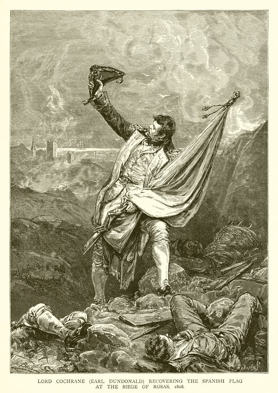 Lorde Cochrane (Earl Dundonald) recuperando a bandeira espanhola no cerco de Rosas, 1808 de English School