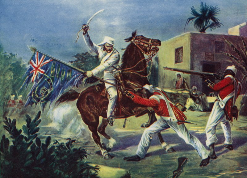 Lord Roberts lutando contra dois sipaios sobre o padrão britânico em Khudaganj, pelo qual foi premiado com a Victoria Cross durante o motim indiano de English School