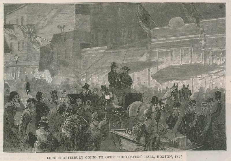 Lord Shaftesbury vai abrir o Salão Costers, em Hoxton, Londres, 1875 de English School