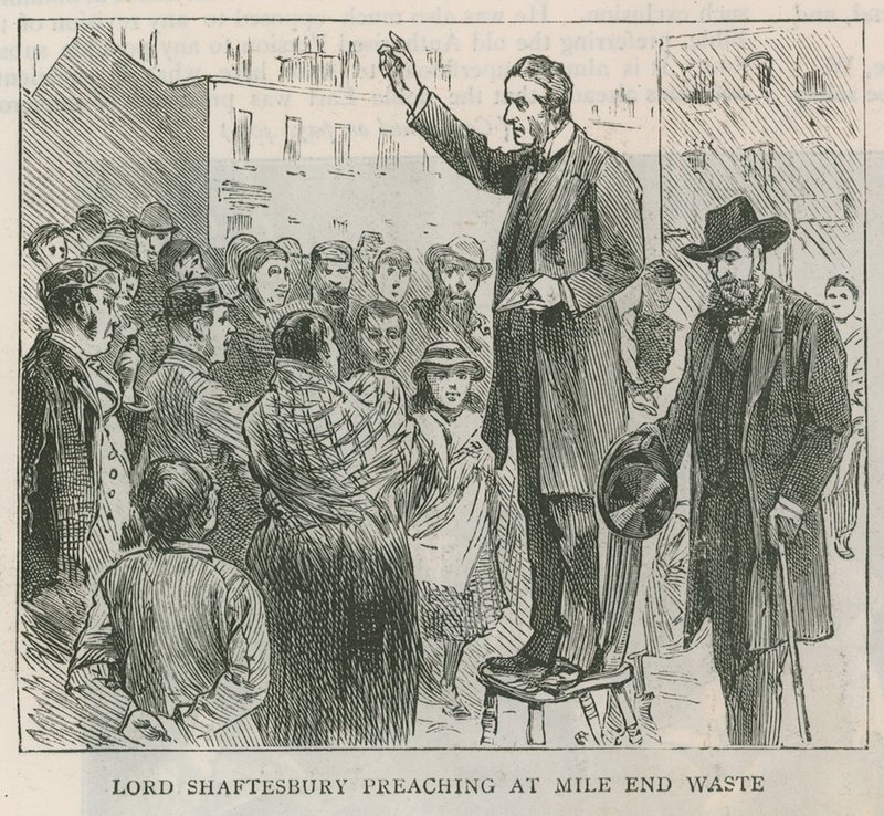 Lord Shaftesbury pregando em Mile End Waste, Londres de English School