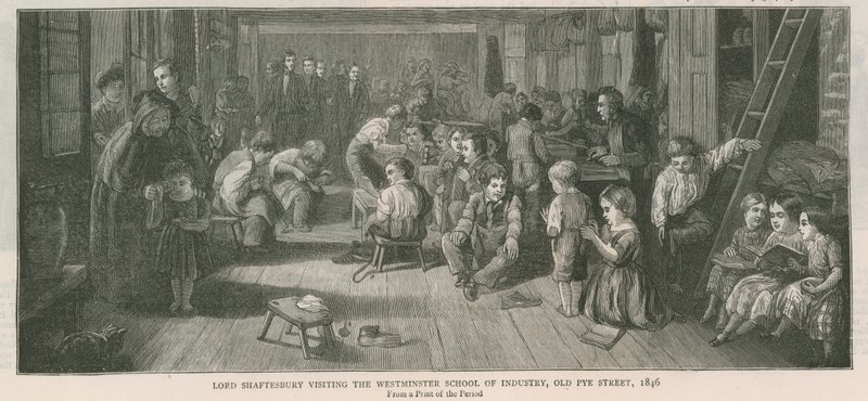 Lorde Shaftesbury visitando a Escola de Westminster da Indústria, Old Pye Street, Londres, 1846 de English School