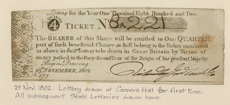 Loteria desenhada no Coopers Hall pela primeira vez, 29 de novembro de 1802 de English School