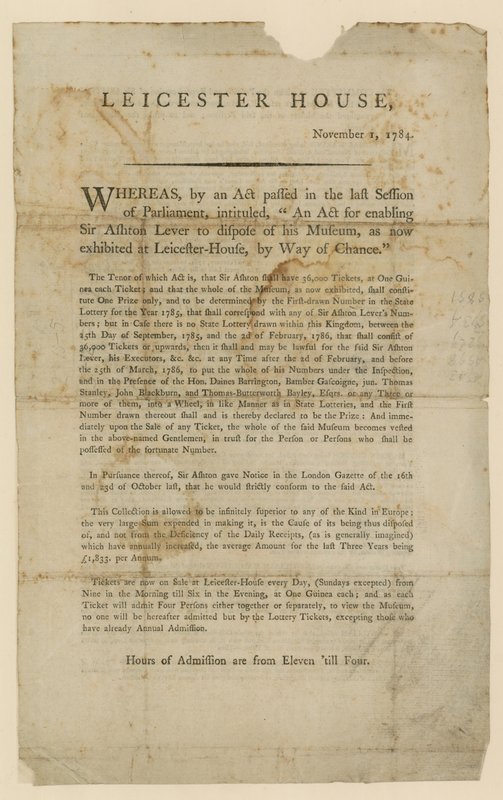 Loteria para descarte do Museu Sir Ashton Levers, 1784 de English School