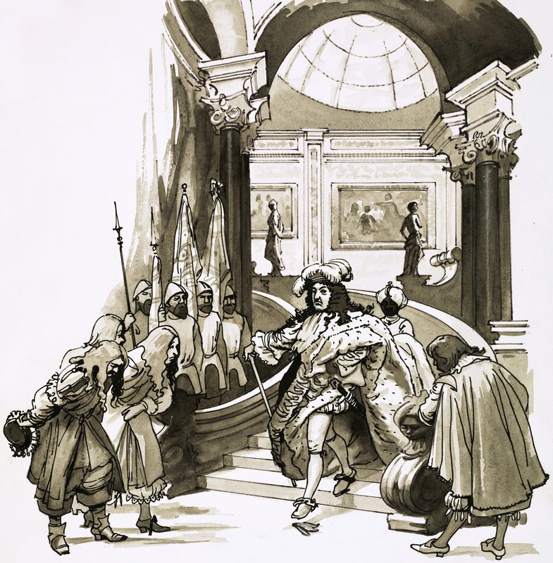 Louis XIV descendo as escadas em Versalhes de English School