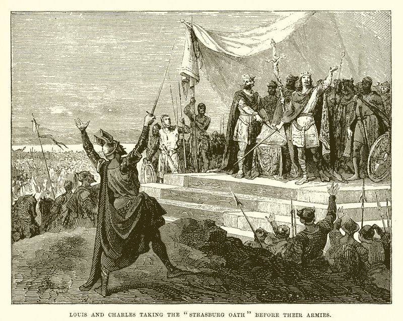 Louis e Charles fazendo o juramento de Strasburg antes de seus exércitos de English School