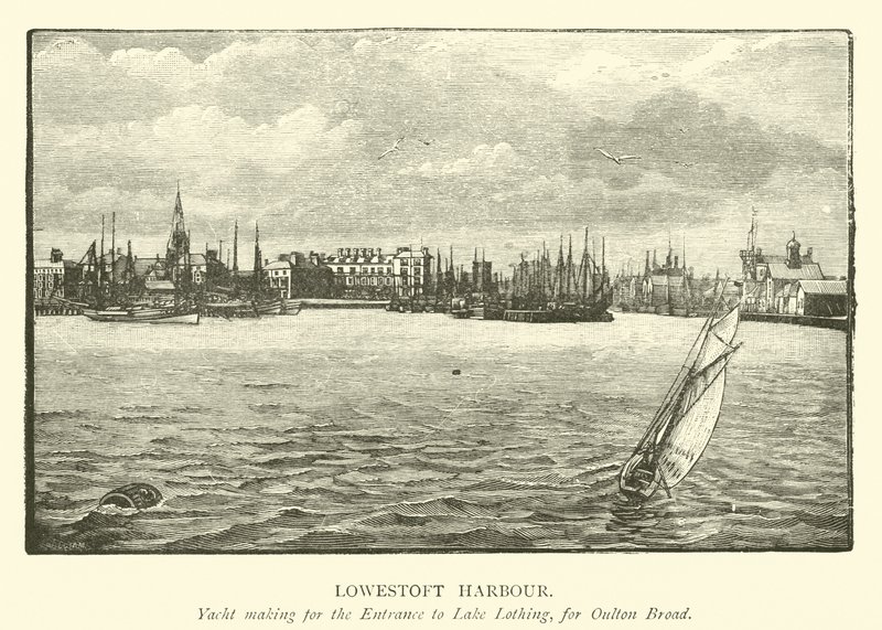 Porto de Lowestoft. Iate que faz para a entrada ao lago Lothing, para Oulton Broad de English School