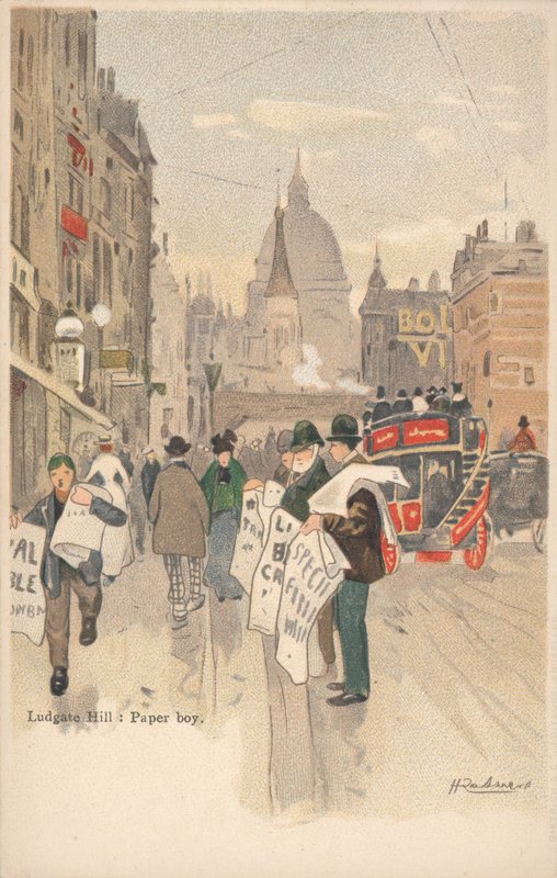 Ludgate Hill, Londres, menino de papel de English School