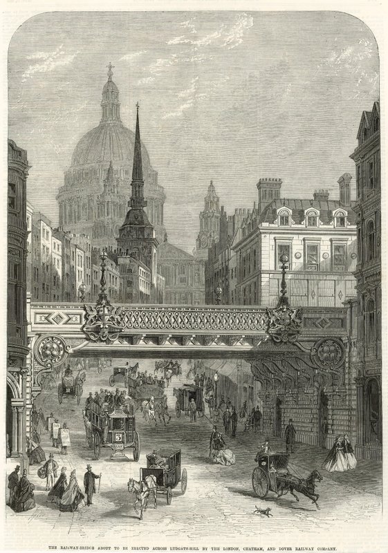 Ludgate Hill, a ponte ferroviária prestes a ser erguida pela London, Chatham e Dover Railway Company de English School