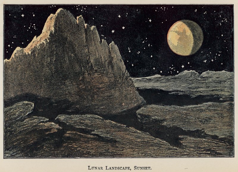 Paisagem lunar, pôr do sol (litografia a cores) de English School