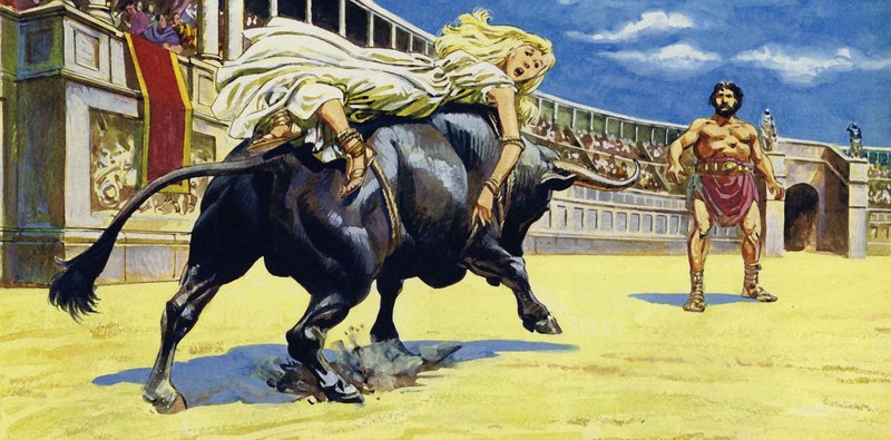 Lygia foi amarrada às costas de um touro negro de English School