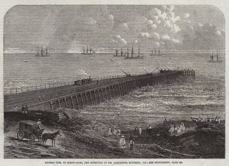 Madras Pier, na Screw-Piles, a Invenção do Sr. Alexander Mitchell, CE (gravura) de English School