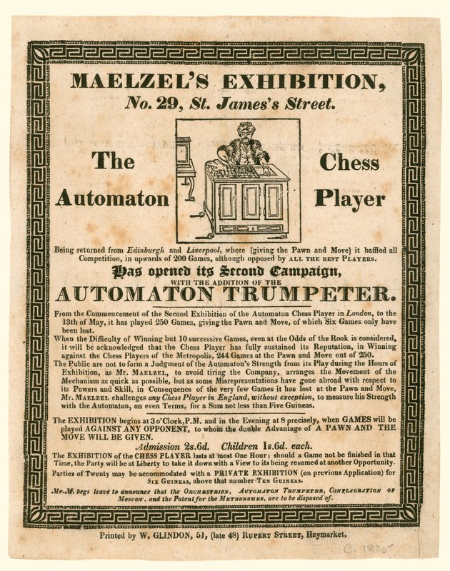 Exposição Maelzels, 29 St Jamess Street, o jogador de xadrez autômato, c 1825 de English School