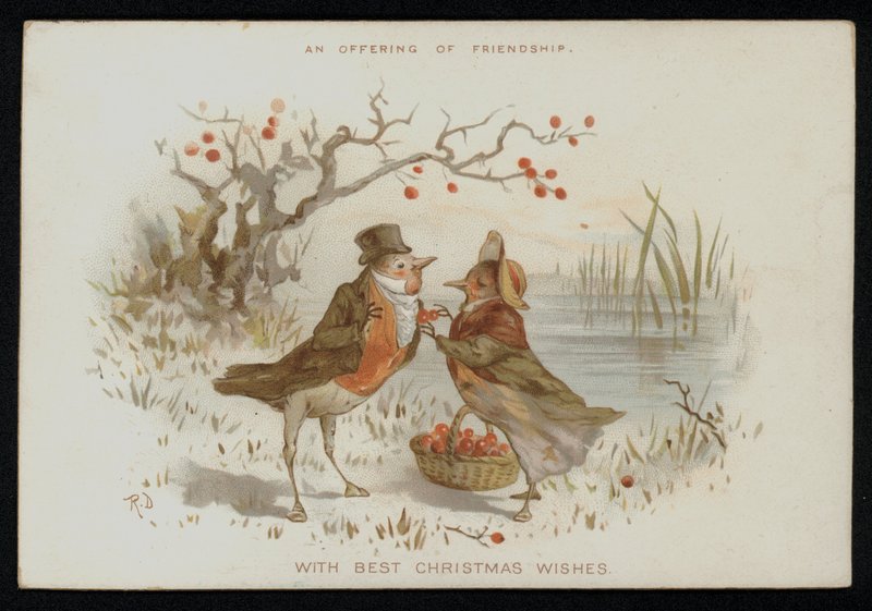 Robins masculinos e femininos em fato. Cartão de Boas Festas de Natal. (chromolitho) de English School