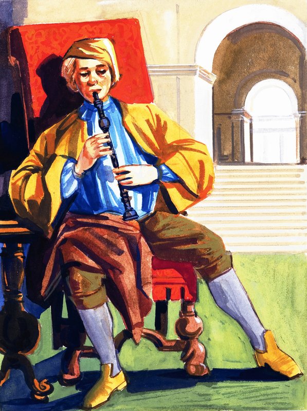 Homem, tocando, um, registrador de English School