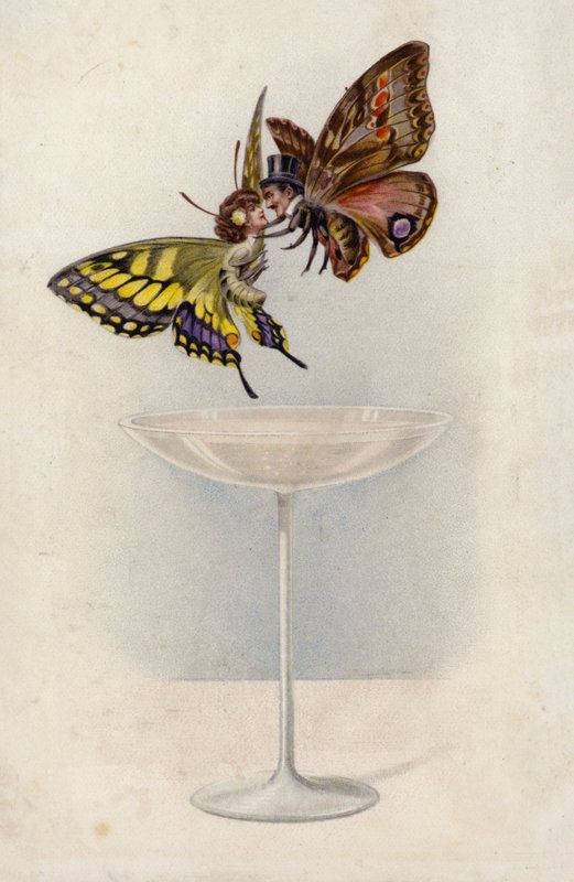 Homem e mulher, como borboletas, pairando sobre um copo de Champagne (cor litho) de English School