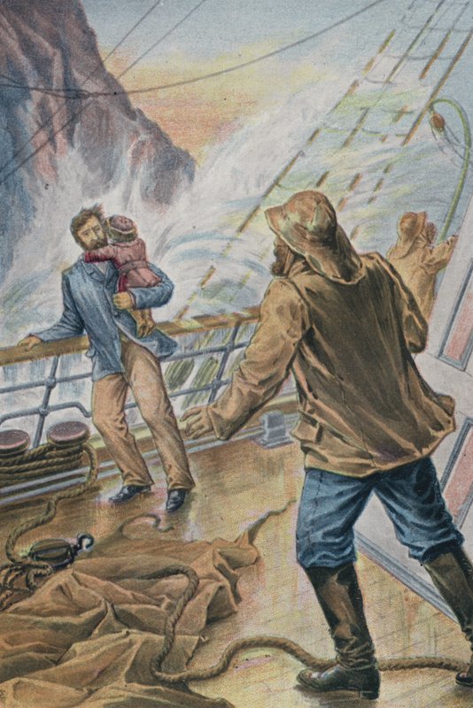 Homem com uma criança ao colo e agarrado à amurada de um navio durante uma tempestade (litografia a cores) de English School