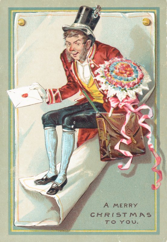 Homem entregando carta e flores, cartão de Natal de English School