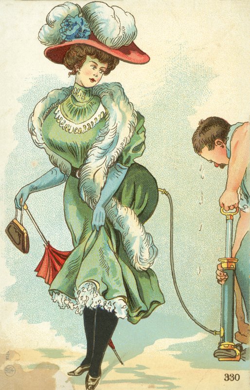 Homem a encher as saias de uma mulher eduardiana com uma bomba (litografia a cores) de English School
