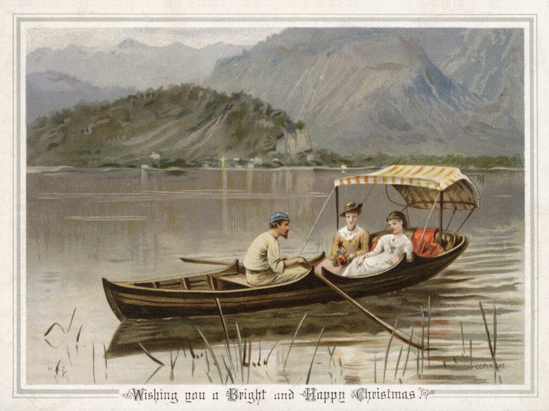 Homem a remar duas raparigas no lago (cor litho) de English School