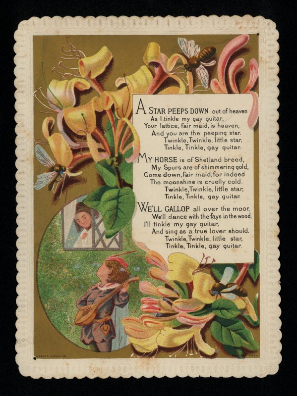Homem a fazer serenata ao seu amante e madressilva, cartão de felicitações (chromolitho) de English School