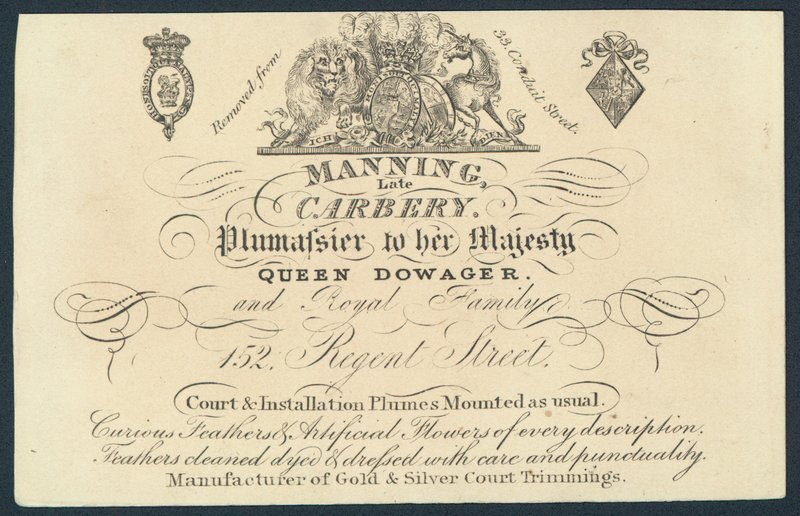 Manning, atrasado Carnery, plumassier, cartão de comércio de English School