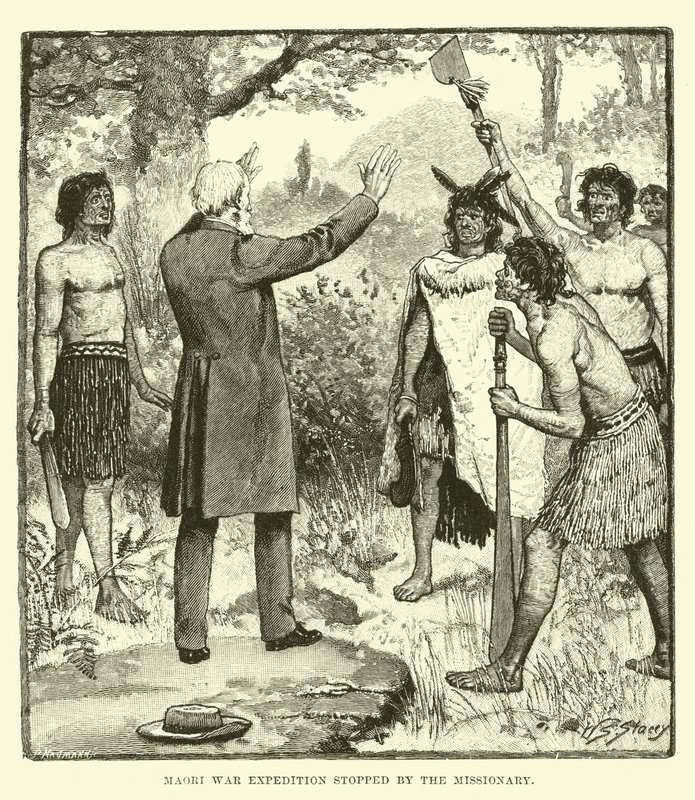 Expedição de Guerra Maori parada pelo missionário de English School