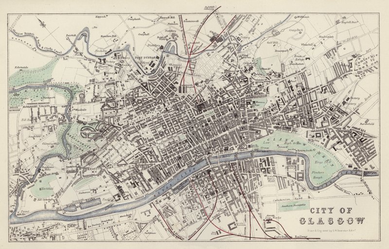 Mapa: Cidade de Glasgow, desenhada e gravada por G H Swanston, Edimburgo (cor litho) de English School