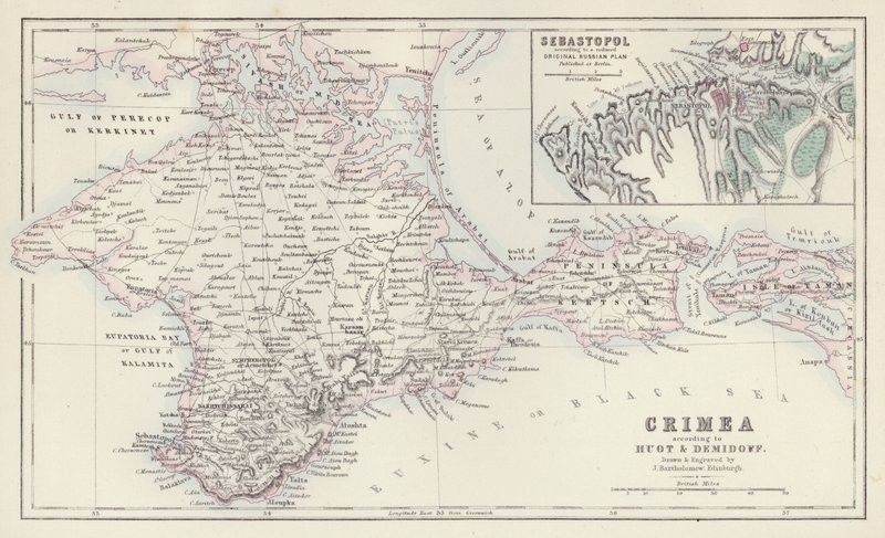 Mapa: Crimeia, de acordo com Huot e Demidoff, desenhado e gravado por J Bartholomew, Edimburgo; Sebastopol, de acordo com um plano russo original reduzido publicado em Berlim (litografia a cores) de English School