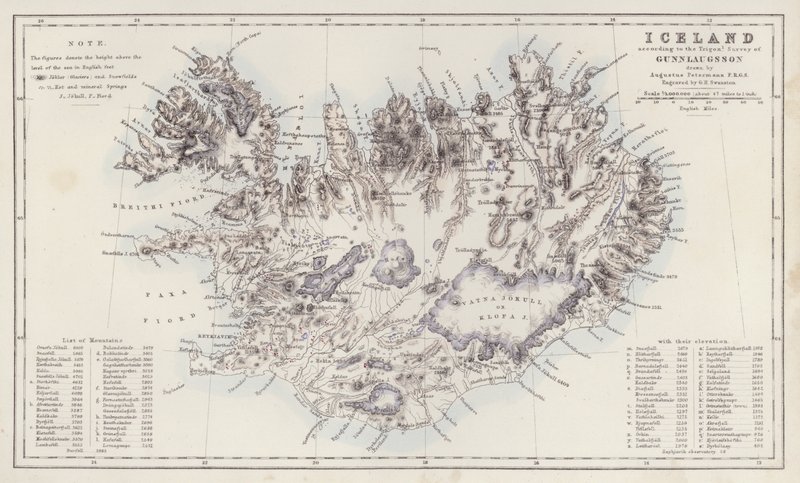 Mapa: Islândia, de acordo com o levantamento Trigon de Gunnlaugsson, desenhado por Augustus Petermann (litografia a cores) de English School