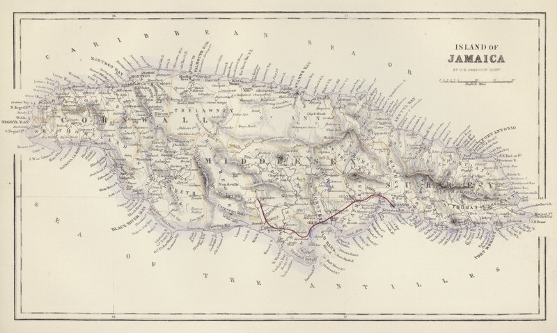 Mapa: Ilha da Jamaica, por G H Swanston, Edimburgo (litografia a cores) de English School