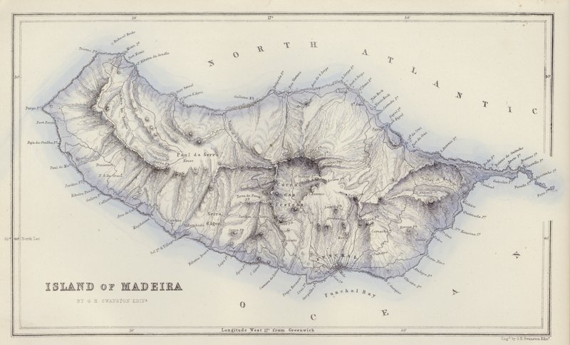 Mapa: Ilha da Madeira, por G H Swanston, Edimburgo (cor litho) de English School