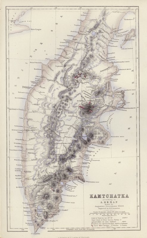 Mapa: Kamtchatka, segundo A Erman, desenhado por Augustus Petermann (litografia a cores) de English School