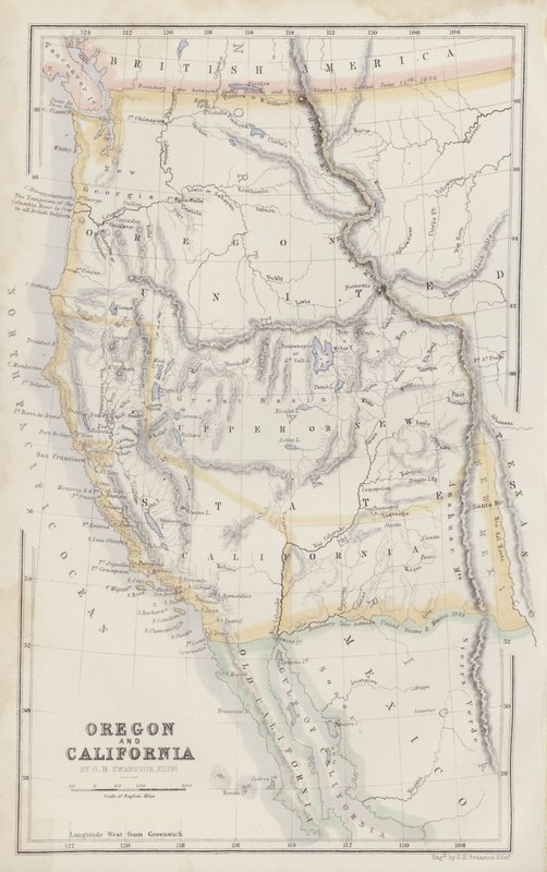 Mapa: Oregon e Califórnia por G H Swanston, Edimburgo (litografia a cores) de English School