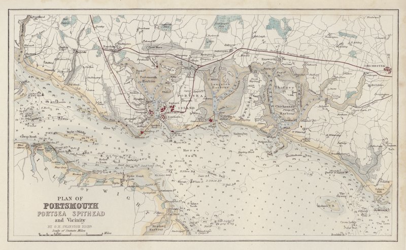 Mapa: Plano de Portsmouth, Portsea Spithead e arredores, por G H Swanston, Edimburgo (litografia a cores) de English School