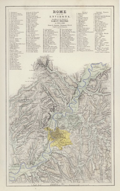 Mapa: Roma, com seus arredores, segundo o Levantamento do Barão Moltke, em 1845 e 1846, desenhado por Augustus Petermann (cor litho) de English School