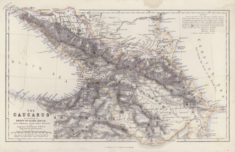Mapa: O Cáucaso, segundo o Professor Doutor Karl Koch, com adições de outras fontes, por Augustus Petermann (litografia a cores) de English School